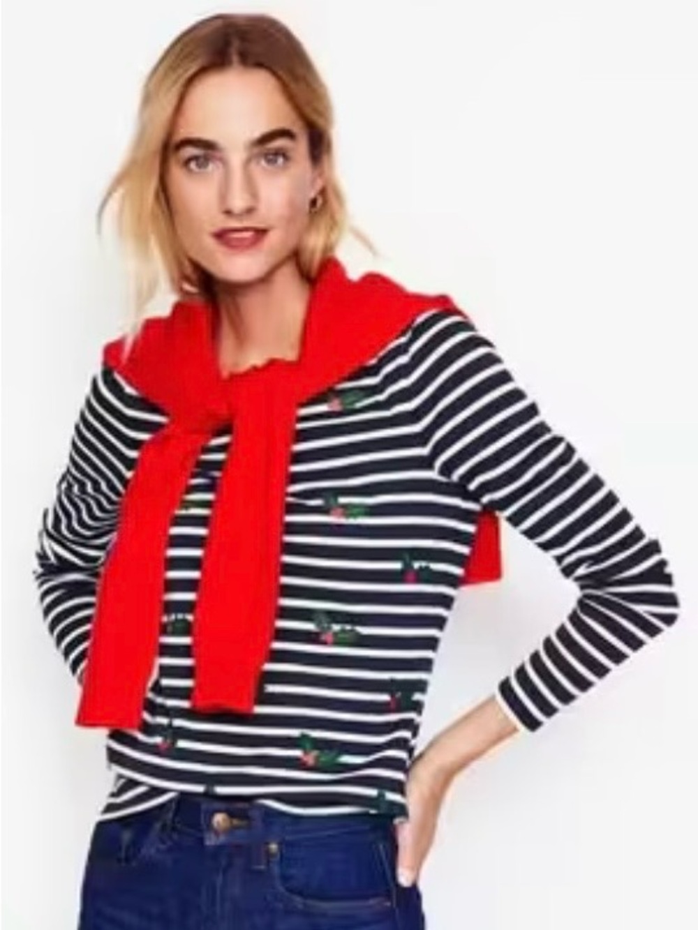 Boden Holly Print Striped Long Sleeve Top Navy Red Green Christmas Holiday